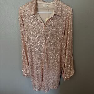 NWT JODIFL Champagne Sequin Tunic Button Up Blouse Size Large casual collar